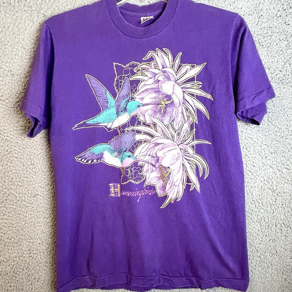 Vintage Hummingbird nature T Shirt Size Medium Single Stitch Glitter Floral 90s - Picture 1 of 6